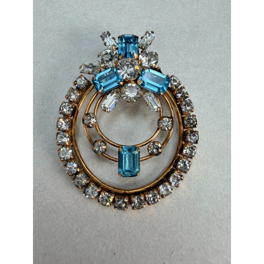 Vintage Star-Art Rhinestone Brooch Blue Baguette Crystals Gold Tone Atomic Pin